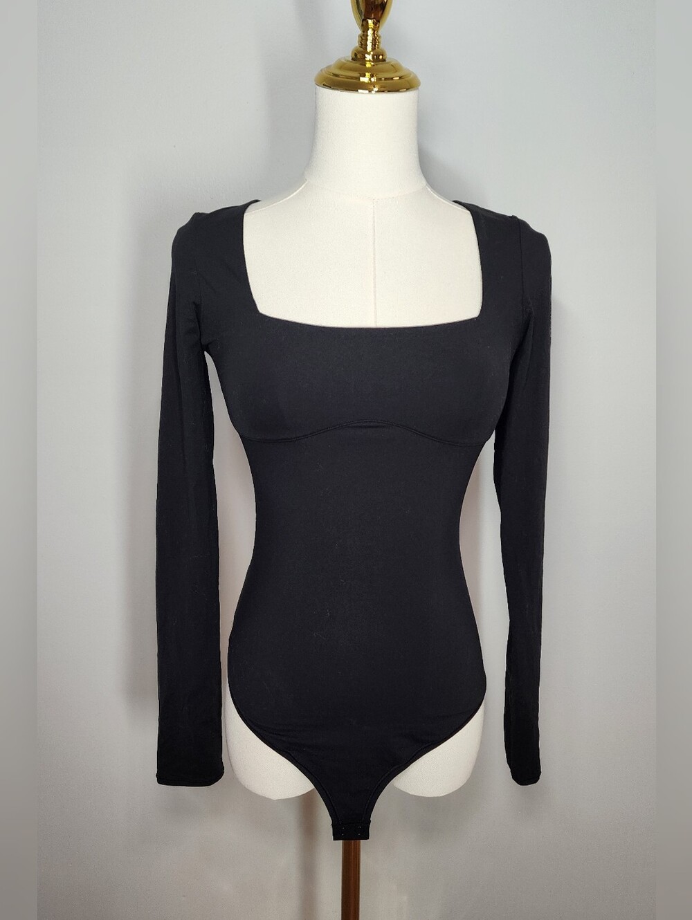 PINK Victoria's Secret Bodysuit Black Square Neck Long Sleeve Stretch Size S